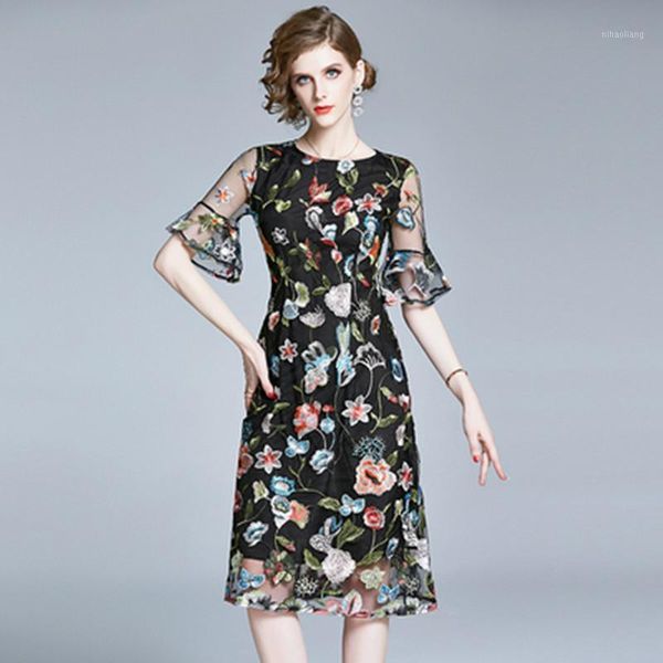 

casual dresses 2021 summer woman temperament flare sleeve embroidered mesh dress women vintage slim party vestidos1, Black;gray