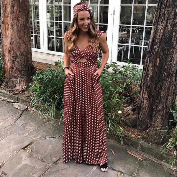 

2019 fashion v-neck vintage dot spaghetti strap long overalls summer beach loose female jumpsuit1, Black;white