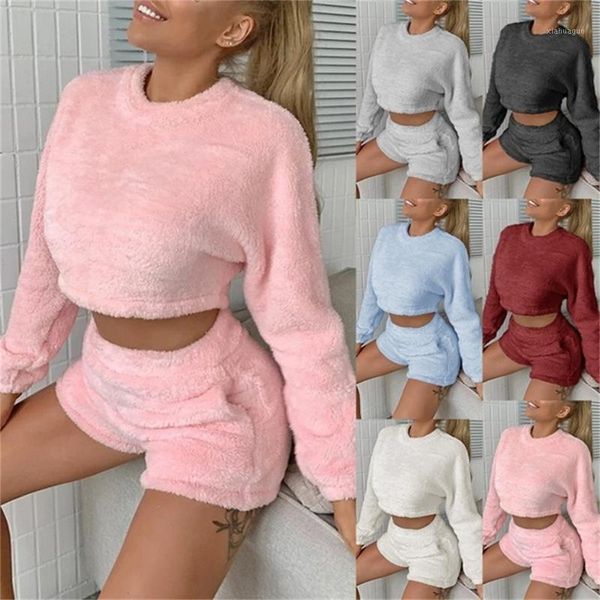 

2pc clothing set women fluffy suit plush soft warm long sleeve and elastic waist shorts loungewear two piece outfits1, Gray