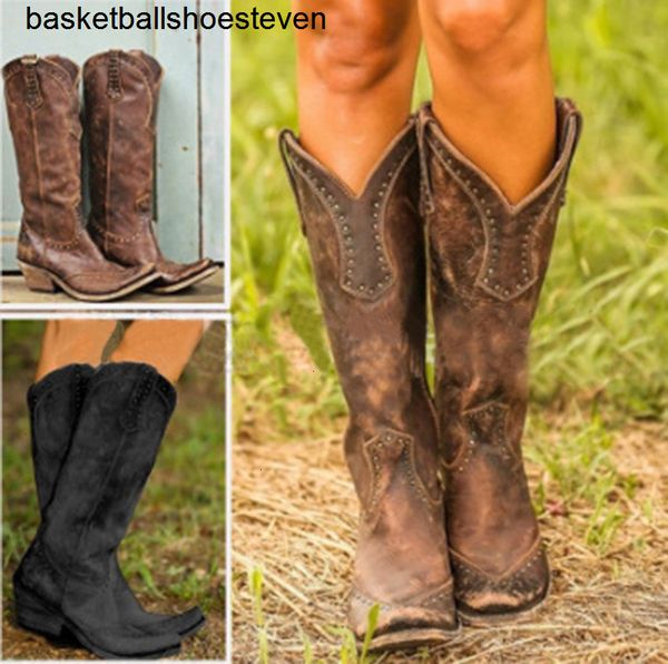 

womens boots retro rivet knee high boots handmade leather long booties women high cowboy boots fashion casual shoes