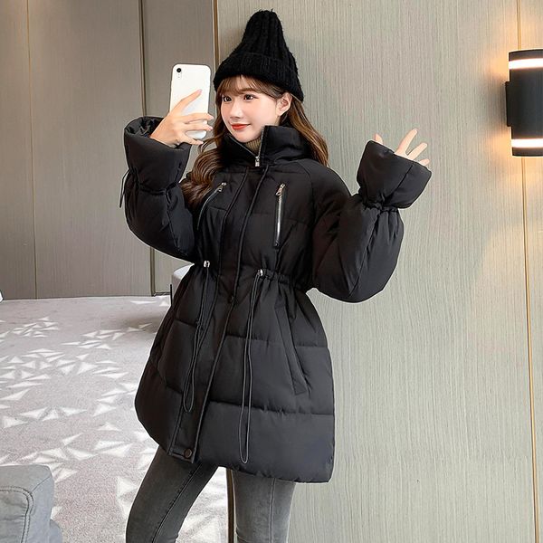 

2021 new winter new fashionable ladies down cotton mid-length solid colour coat of women jacket with hoodie h00199 l3ex, Black