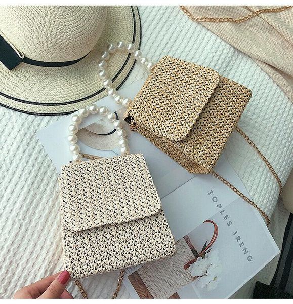 

2020 мода соломы сумка женщины pearl сумки лето rattan crossbody сумка для дамы ручной работы сплетенный пляжа bohemia посыльного сумки
