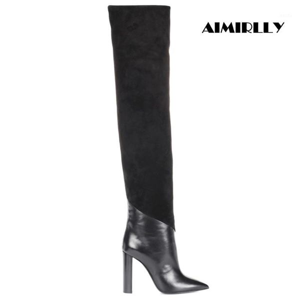 

boots women's shoes pointed toe high heels over the knee winter block heel faux suede & pu patchwork slip on black aimirlly1
