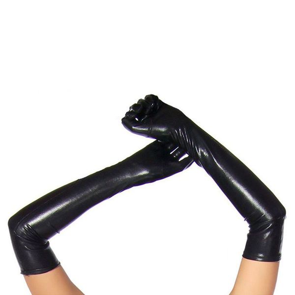 

long gloves in leather optics  - black, Blue;gray