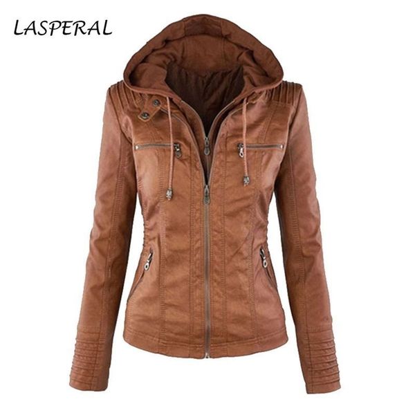 

lasperal faux leather jacket women hoodies gothic motorbike basic pu jacket outerwear hooded zipper waterproof ladies coat y200101, Black;brown