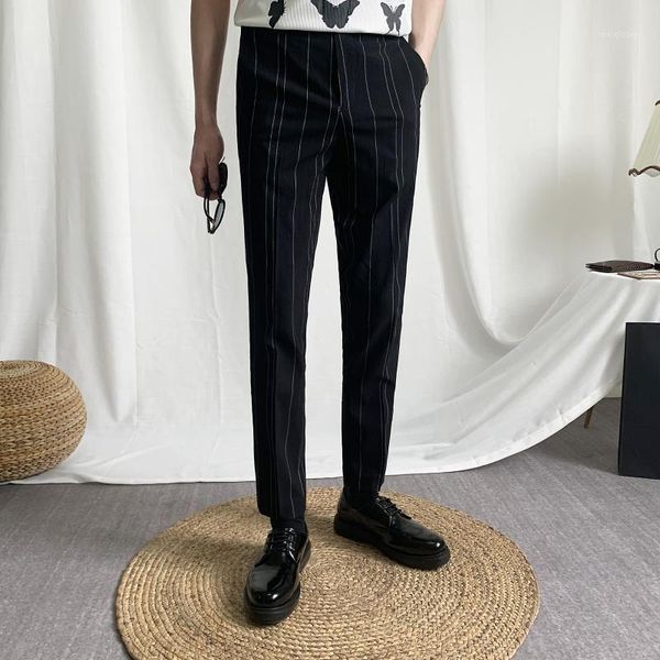 

men's suit pants 2020 spring new slim stripe print small leg pants casual casual fashion personality youth men's wear1, White;black
