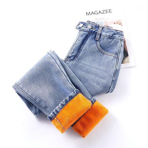 

women's jeans high waist 2021 winter velvet autumn woman plus size street style elastic denim pants cotton loose boyfriend jeans1, Blue