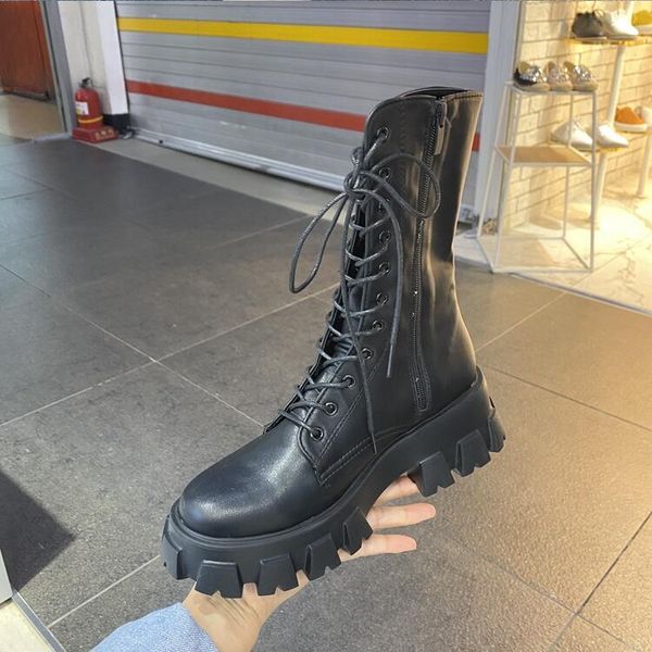 

women boots winter booties black white thick bottom motorcycle womens short lace boot leather shoes size 35-40 08