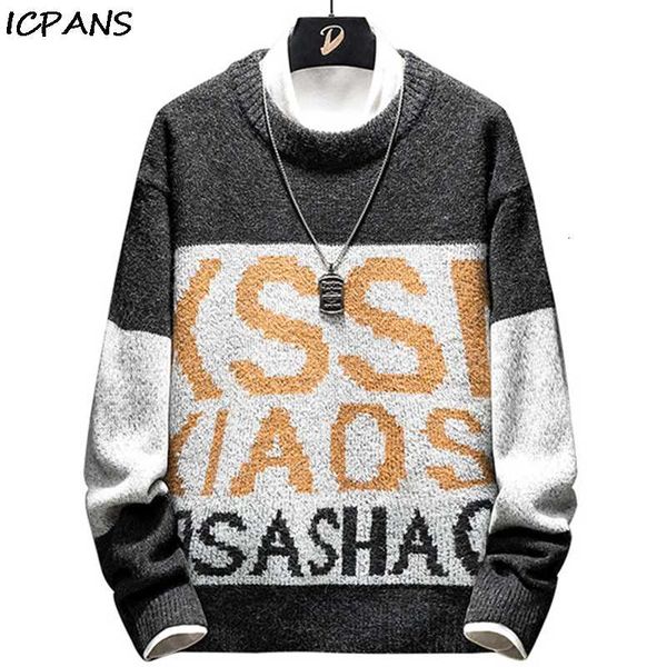 

icpans 2021 winter hip hop sweater men pullover print letter streetwear knitted sweater retro vintage autumn sweaters cotton, White;black