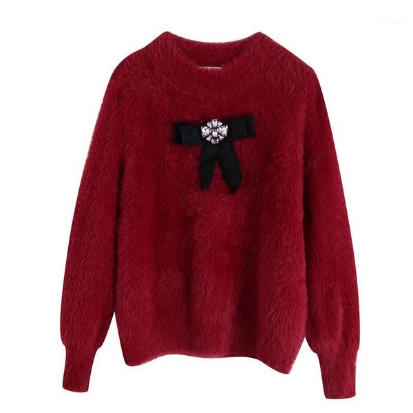 

omikron fashion women winter o-neck bow appliques sweater long sleeve knitwear lady casual pullover streetwear dropshipping1, White;black