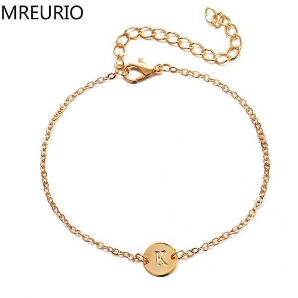 

mreurio women alloy bracelet round english alphabet 26 letters link chain lobster clasp charm bracelets for women hand jewelry, Golden;silver