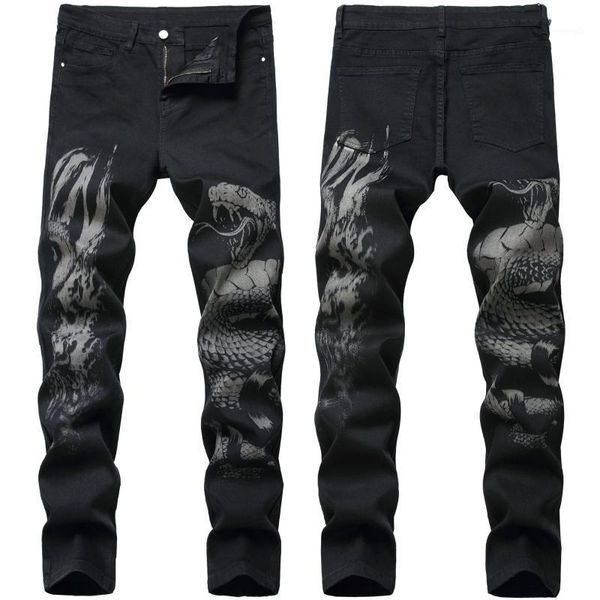 

new style printed jeans men selling design snake head pattern figure denim pants male slim black straight slim jeans cotton1, Blue