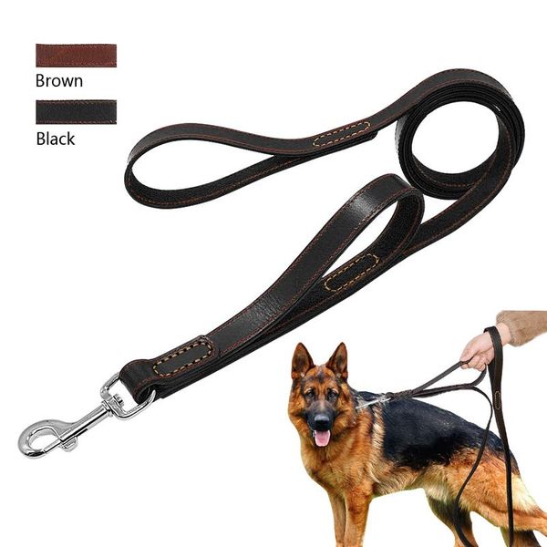 

geniune leather pet dog leash rope pet k9 training walking lead leashes for medium large dogs quick control with 2 wmtbts