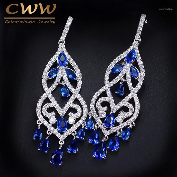 

cwwzircons european blue cubic zirconia crystal tassel dangle drop long chandelier earring wedding prom jewelry for women cz1161, Silver