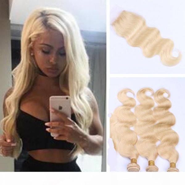 

full head # 613 blonde body wave human virgin hair extensions with closure for women 4*4 lace closure with bundels blonde hair, Black;brown