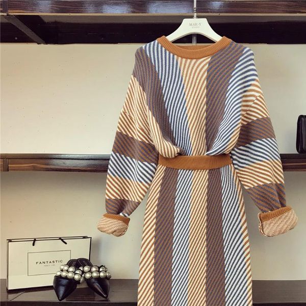 

women irregular striped knitted sweater pullovers skirts 2 pieces sets casual cloth suits, Gray