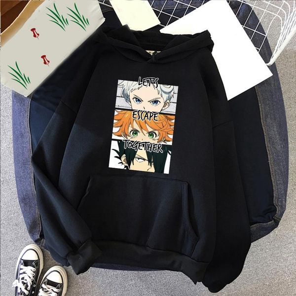 

anime the promised neverland hoodie japan anime long sleeve anime emma. norman. ray. printed streetswear hoodies, Black