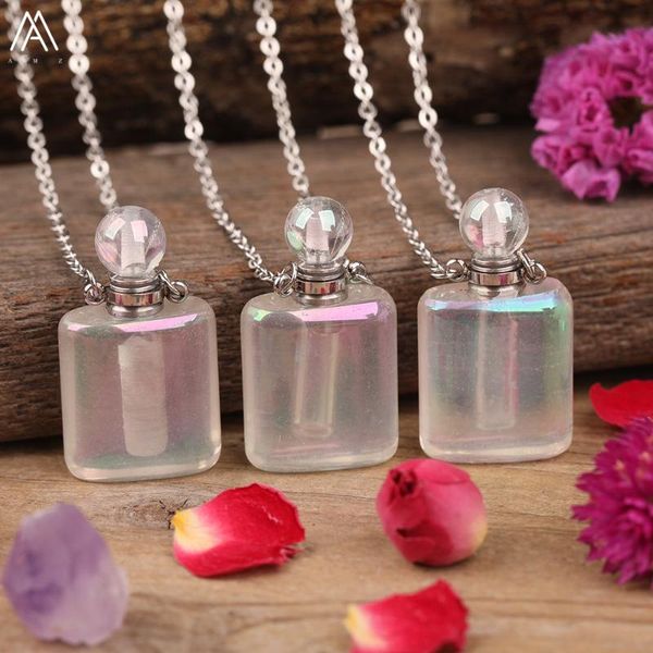 

natural aura white quartz perfume bottle gold necklace boho women rectangle crystal stone essential oil bottle pendant necklace, Silver
