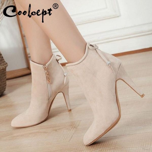 

coolcept size 32-48 4 colors women ankle boots thin heels bowtie zipper bling women shoes sweet simple boots footwear, Black