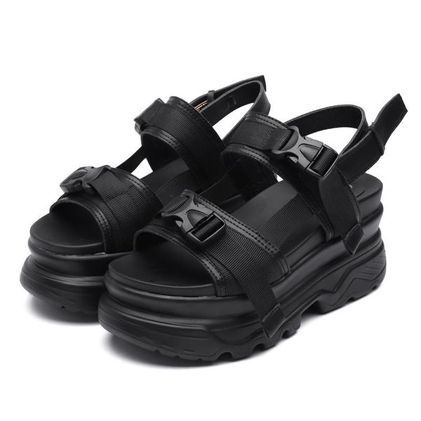 

dress shoes chunky 8cm platform sandals women wedge high heels buckle leather canvas summer zapatos mujer slippers woman sandal, Black