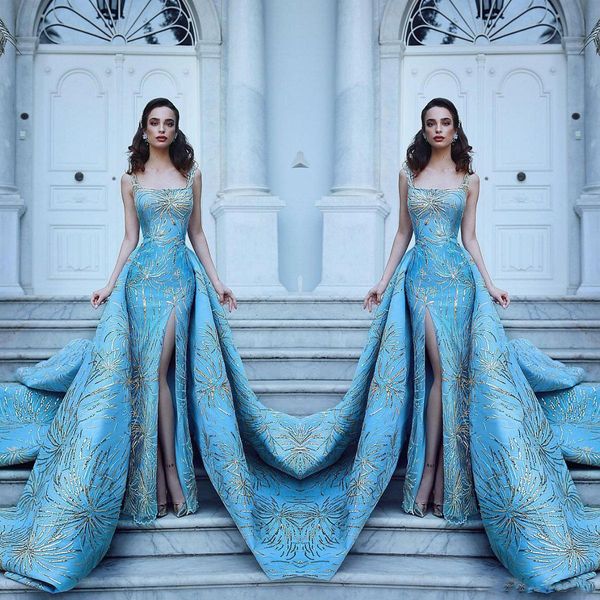 

custom made prom dress square neck side split gold sequins satin evening party dresses with detachable train robes de soiree, Black;red