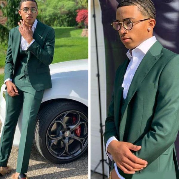 

green 3 pieces young groom wedding tuxedos men groom suits peaked lapel slim fit one button prom party blazer jacket, White;black