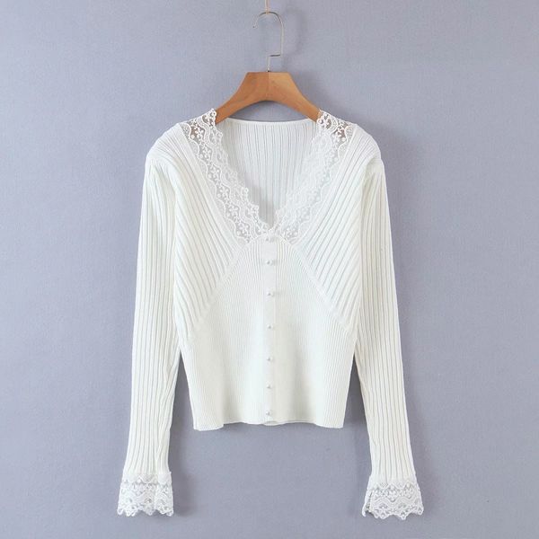 

new 2021 spring lace stitching sunscreen t-shirt v-neck single breasted knitted 6840 xr6c, Black;white