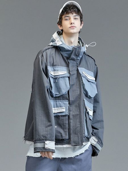 

men slogan graphic flap pocket drawstring detail jacket v5wr#, Black;brown