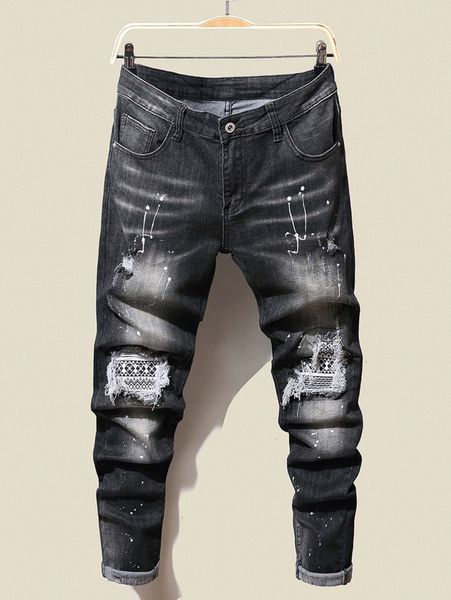 

men splash ink print ripped patched jeans w7oo#, Blue