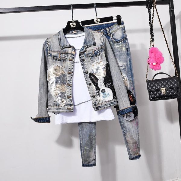 

sequin cartoon dog jeans set female denim jacket coat long pencil pants women two piece set plus size slim denim suit streetwear1, Gray