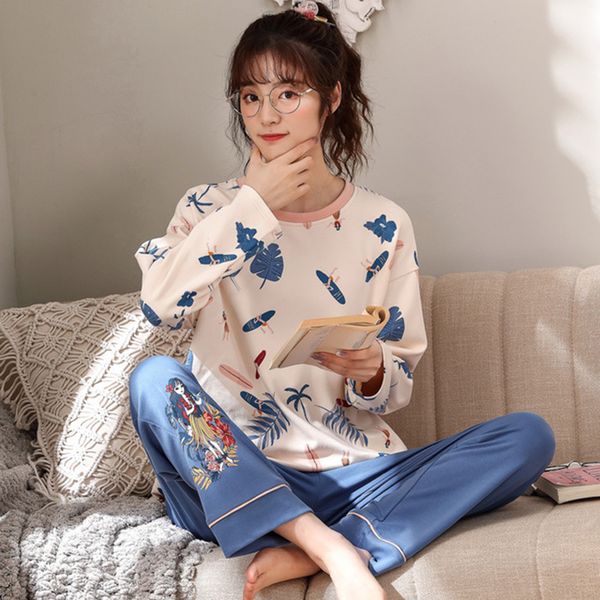 

2021 new style women's autumn spring pajama sets plus size printing sleepwear homewear o neck long sleeve female nightwear qgop, Black;red
