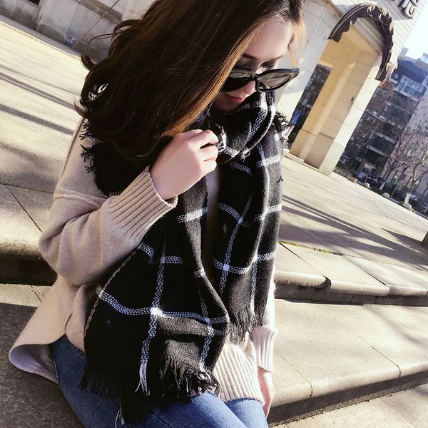 

fashion scarf foreign trade european and american autumn and winter black white plaid scarf red plaid artificial cashmere scarf air conditio, Blue;gray