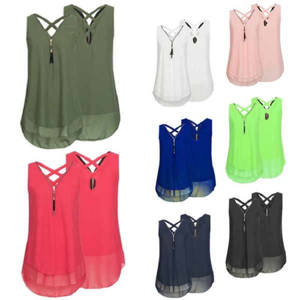 

15 color 10 size sleevels zipper cross band solid chiffon shirt for women, White