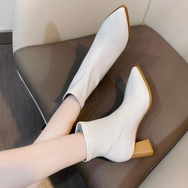 

boots 2021 pu leather pointed toe women ankle thick heel fashion wood slip-on short shoes winter, Black