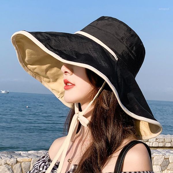 

wide brim cotton bucket hat women foldable round outdoor beach summer hats female sunscreen cap floppy anti-uv sun hat1, Blue;gray