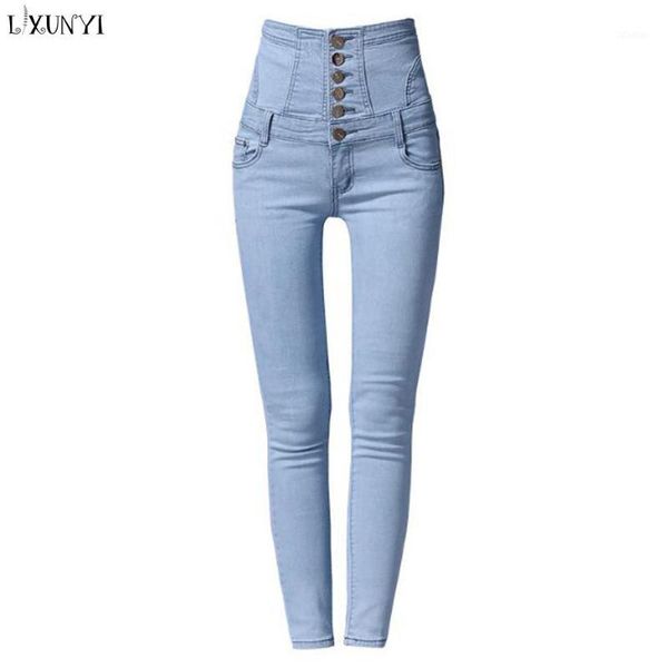 

women's jeans lxunyi skinny woman plus size single breasted slim bandage lace up pencil denim pants high waisted jean femme1, Blue