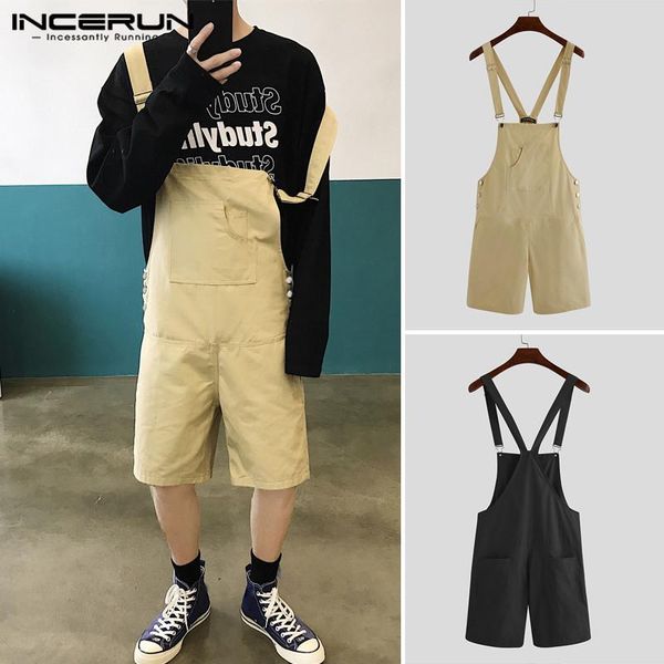 

incerun fashion men rompers joggers pockets jumpsuit baggy chic solid korean shorts 2020 streetwear mens bib overalls playsuit, White;black