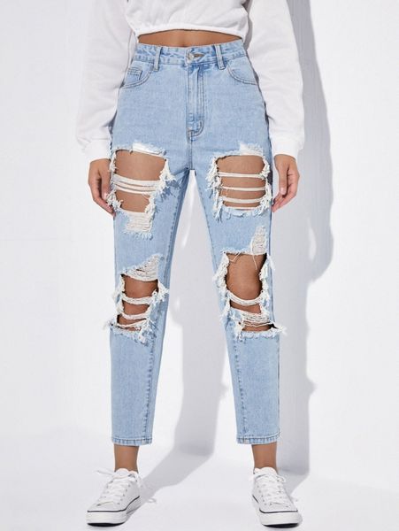 

high waist ripped cut out jeans d3u5#, Blue