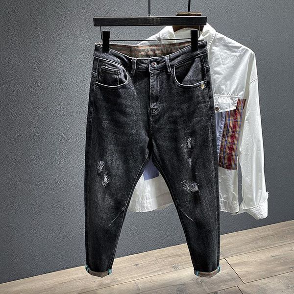 

2y new smoke grey jeans for men's autumn and winter youth's slim and worn out capris good quality jeans wholesale, Blue