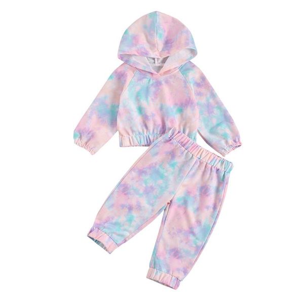 

clothing sets baby girl's 2pcs tie-dyed sports suit, long sleeve hooded sweater with elastic pants for daily and, White