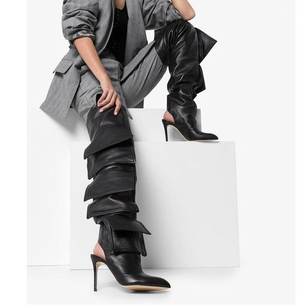 

boots leather blue black luxury designer runway over the knee pointed toe open heel slip on loose fashion custom stylish boots1