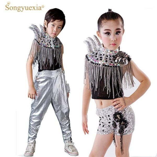 

children sequin modern jazz dance costumes hip hop stage mounts drums group clothes catwalk horns kids ballroom performace dress1, Black;red