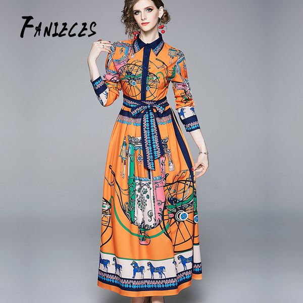 

robe femme new fashion runway maxi dress women long sleeve elegant flower print vintage dresses vestidos de verano ropa mujer y200805, Black;pink
