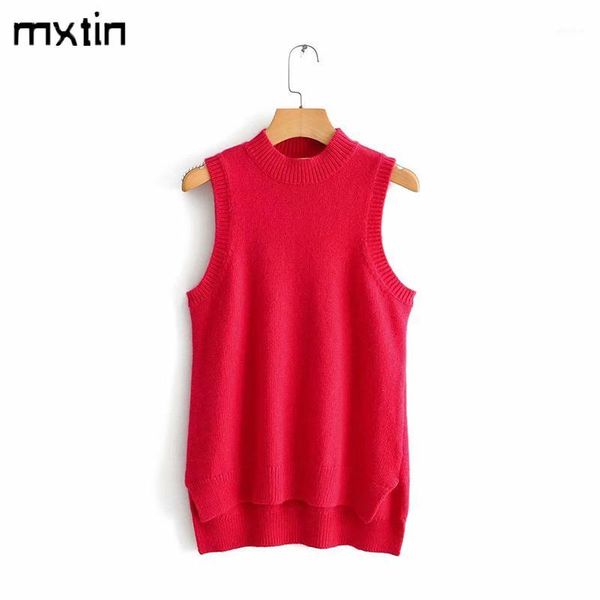 

women 2020 fashion red knitted pullover vest sweater high neck sleeveless solid female waistcoat chic 1, White;black