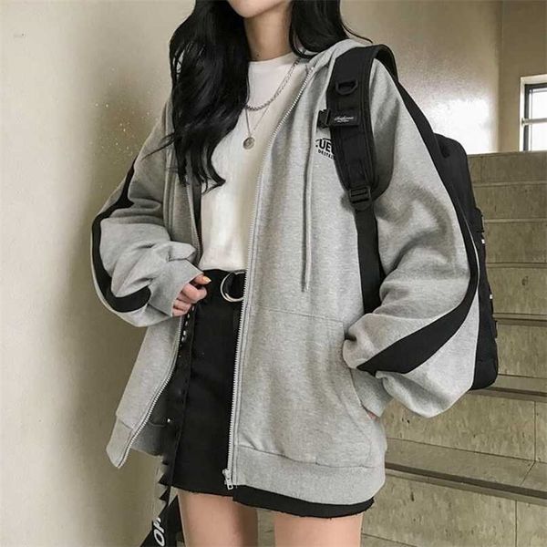 

zip-up harajuku oversized hoodies for women clothes hooded long sleeve jumper hooded regular coat casual korean style sweatshirt 220121, Black
