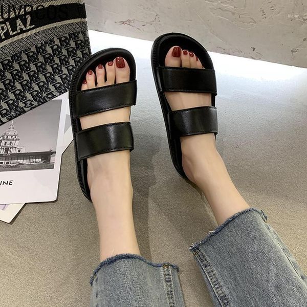 

2021 summer women's slippers fashion simple women's shoes solid color flat slippers pu leather casual outdoor1, Black