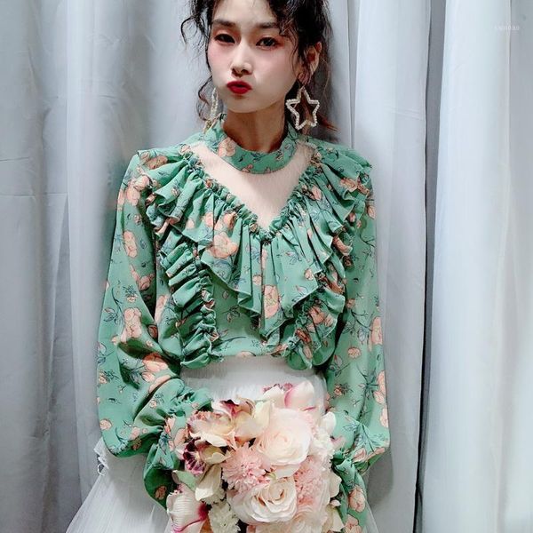 

sitruuna 2020 spring women floral elegant v-neck blouse lady butterfly sleeve hollow out shirt female printed blouse1, White