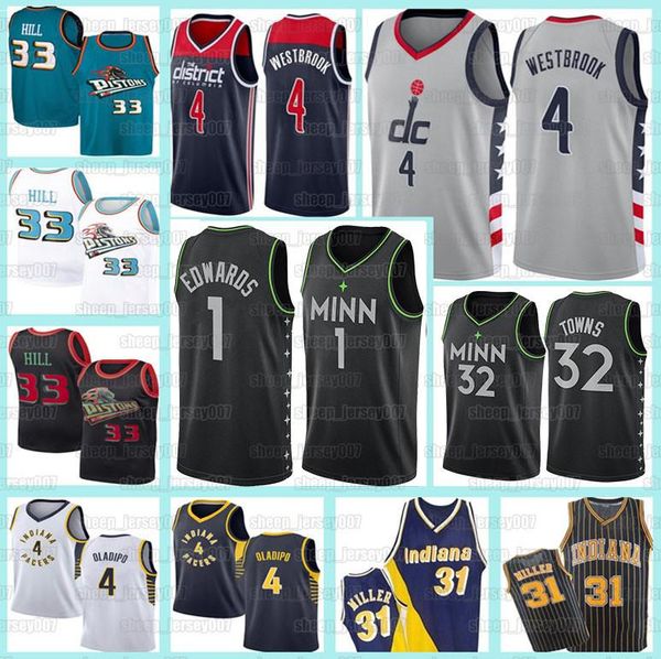 

russell 4 westbrook jerseys new anthony 1 edwards karl-anthony 32 towns grant 33 hill victor 4 oladipo reggie 31 miller 10 rodman jersey, Black;red