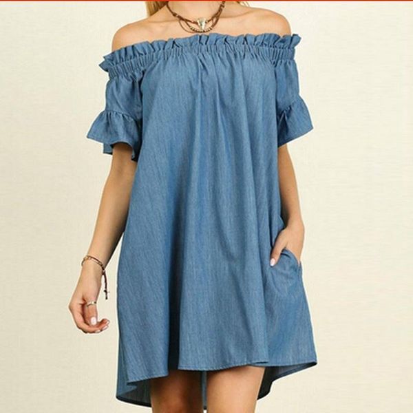 

women off shoulder short sleeve pockets loose casual shirt dress women mini denim sundress plus size summer denim dress 5xl1, Black;gray