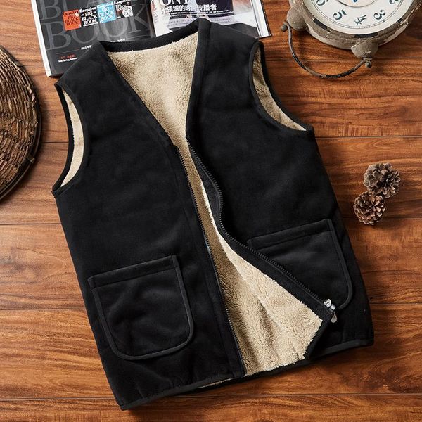 

men's vests autumn and winter plus velvet vest lamb cashmere silver fabric middle-aged elderly warm windbreak men1, Black;white